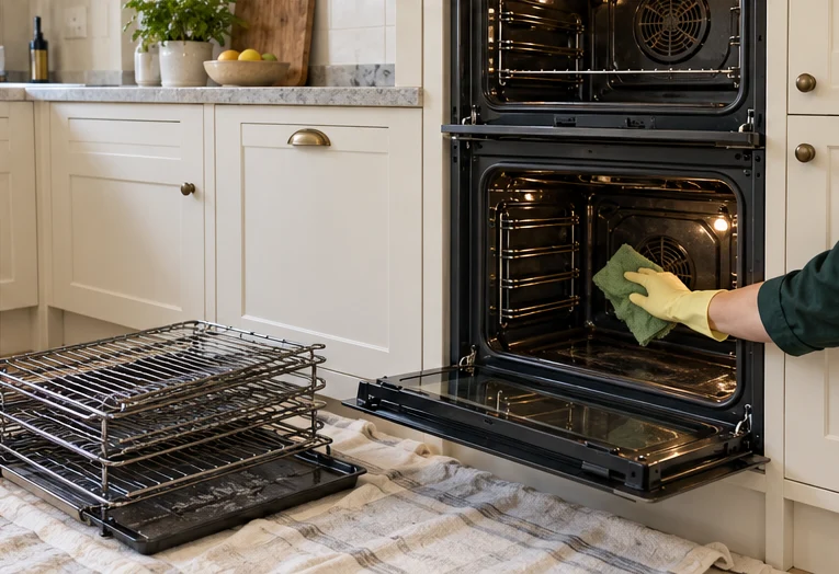 A double oven being cleaned with racks removed