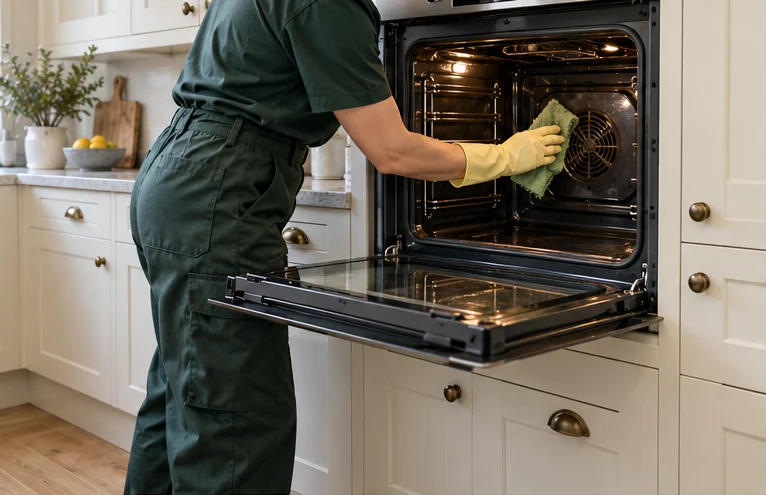 Illustration of a technician cleaning an open oven in a cream kitchen