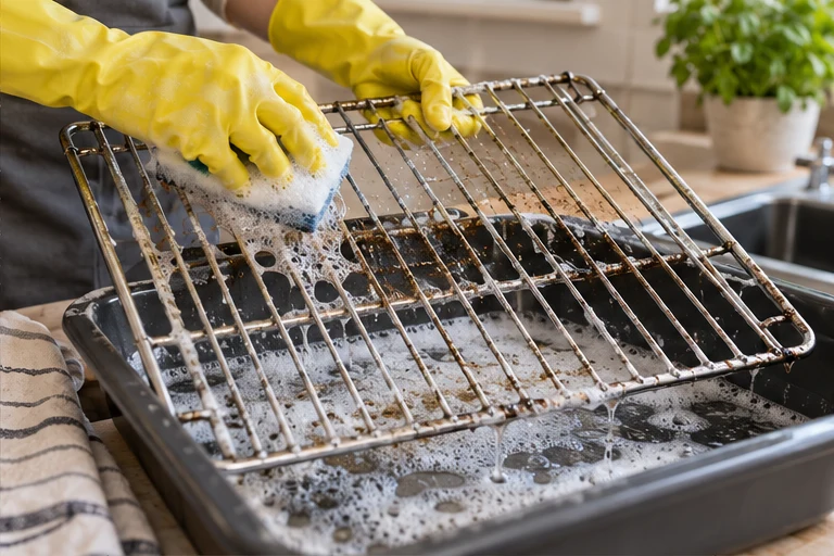 Removed oven racks being cleaned