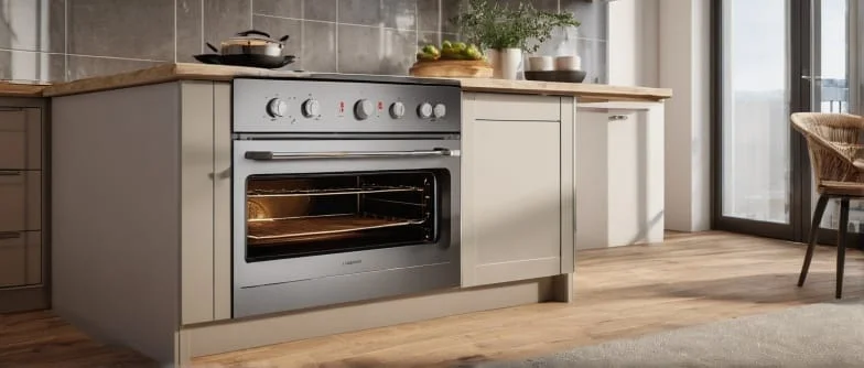 Illustrative freestanding range cooker in a kitchen